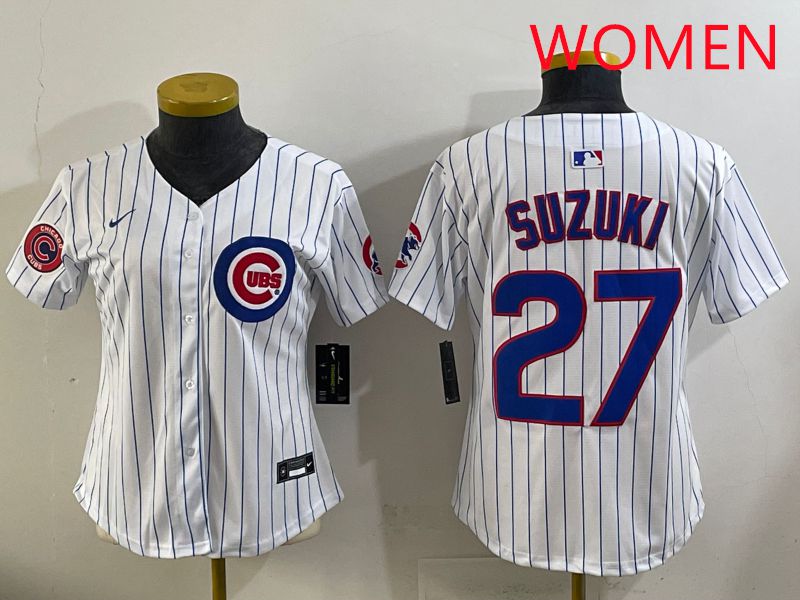 Women 2025 Chicago Cubs 27 Suzuki White Stripe Game Nike MLB Jersey style 5